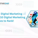 Image showcasing modern digital marketing trends with social media icons and ranking strategies visuals.