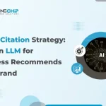 Visual explaining How an LLM for Business Recommends Your Brand through citation strategies, authority signals, marketing icons