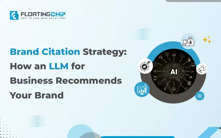 Visual explaining How an LLM for Business Recommends Your Brand through citation strategies, authority signals, marketing icons