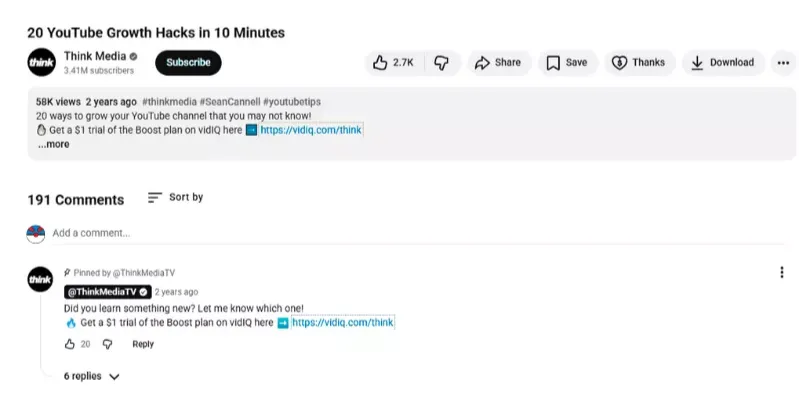 Screenshot of a pinned comment demonstrating YouTube SEO tips and effective youtube shorts seo tips usage