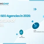 FloatingChip graphic titled Top 12 AI SEO Agencies in 2026 showing expert, client, and satisfaction stats